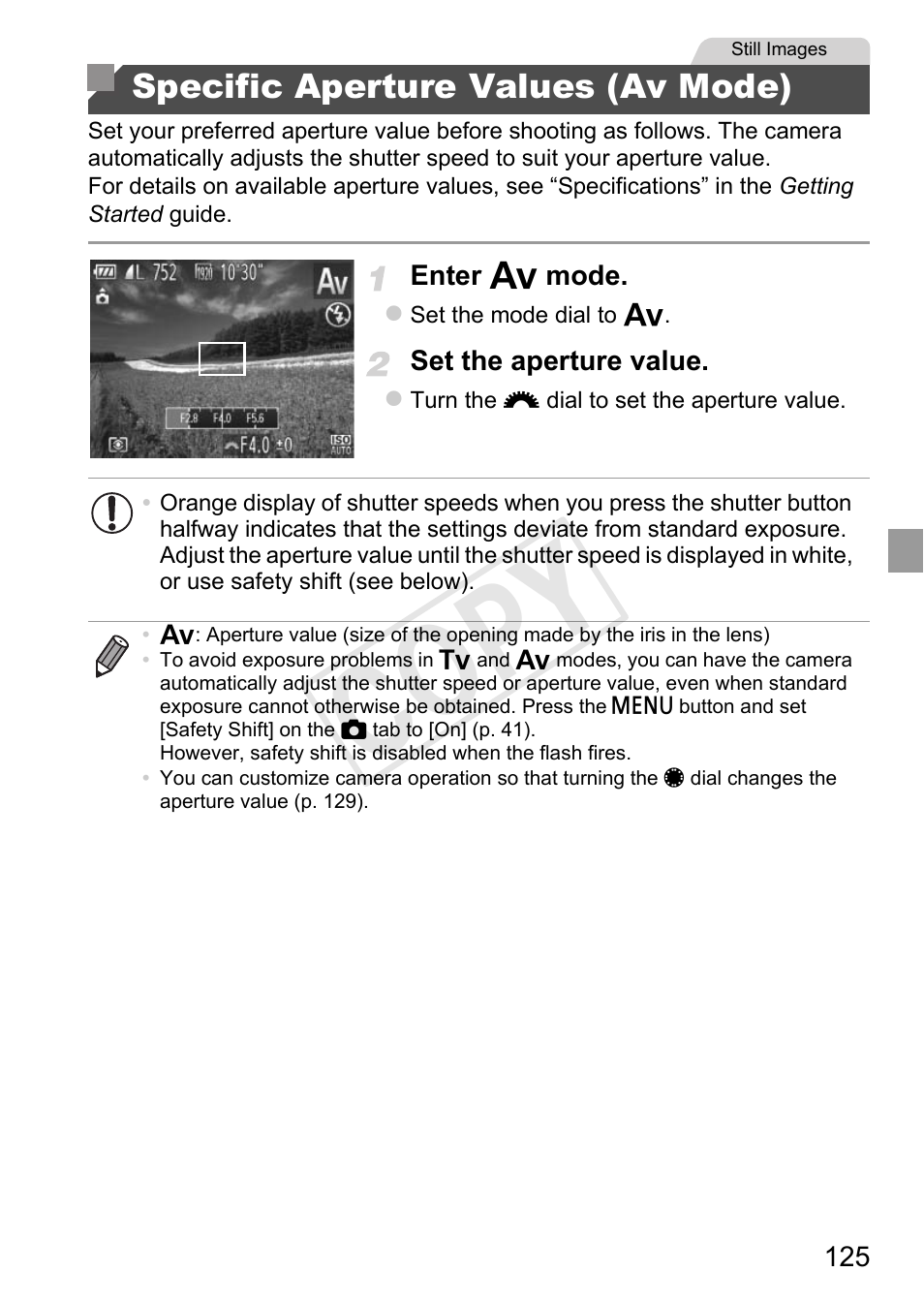 Specific aperture values, Av mode), Cop y | Specific aperture values (av mode) | Canon PowerShot G1 X User Manual | Page 125 / 242