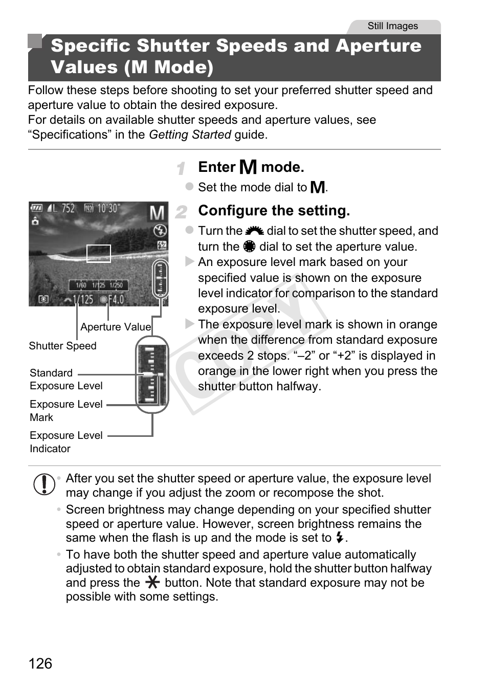 Specific shutter speeds and, Aperture values (m mode), Cop y | Canon PowerShot G1 X User Manual | Page 126 / 242