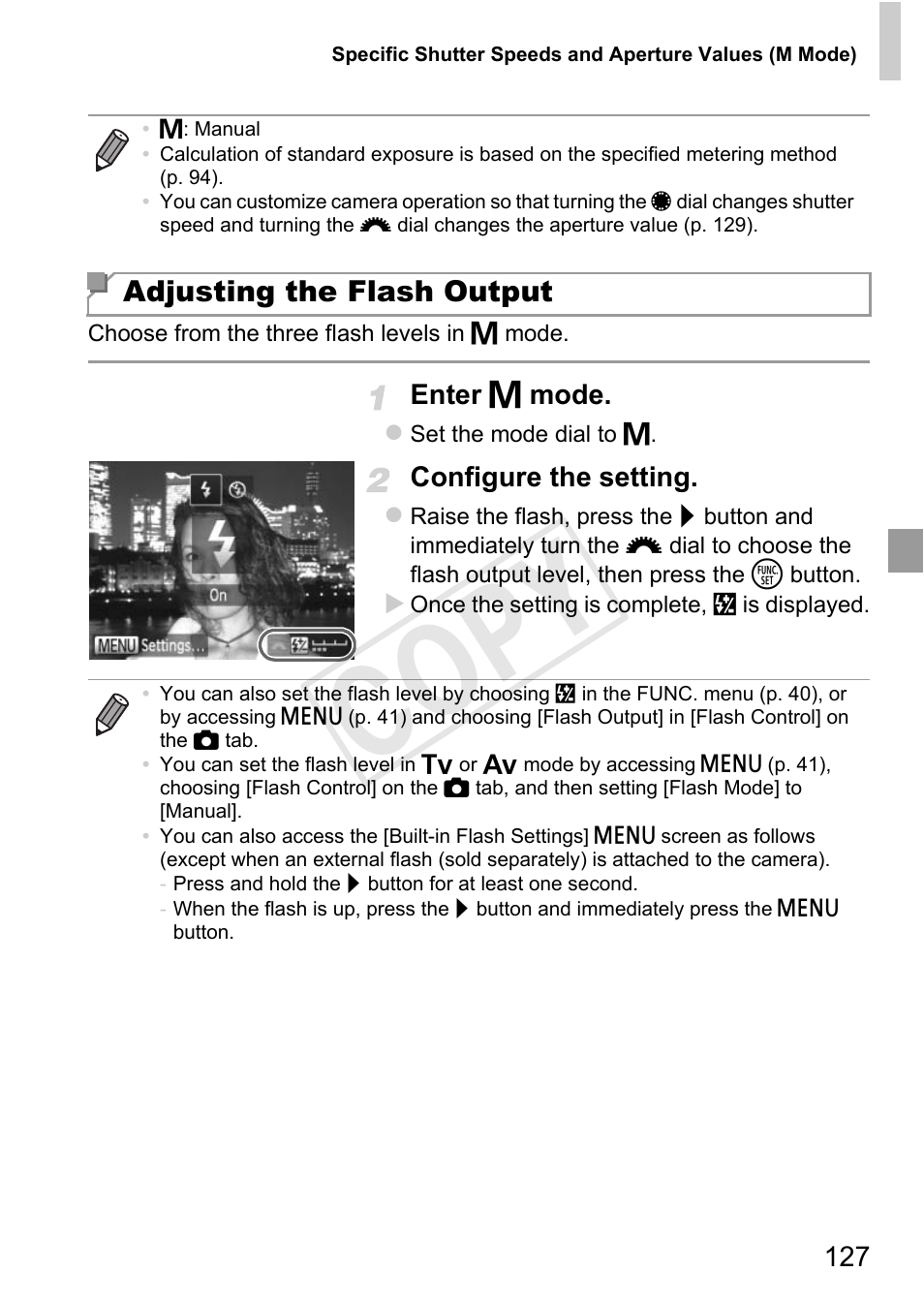 C op y, Adjusting the flash output | Canon PowerShot G1 X User Manual | Page 127 / 242