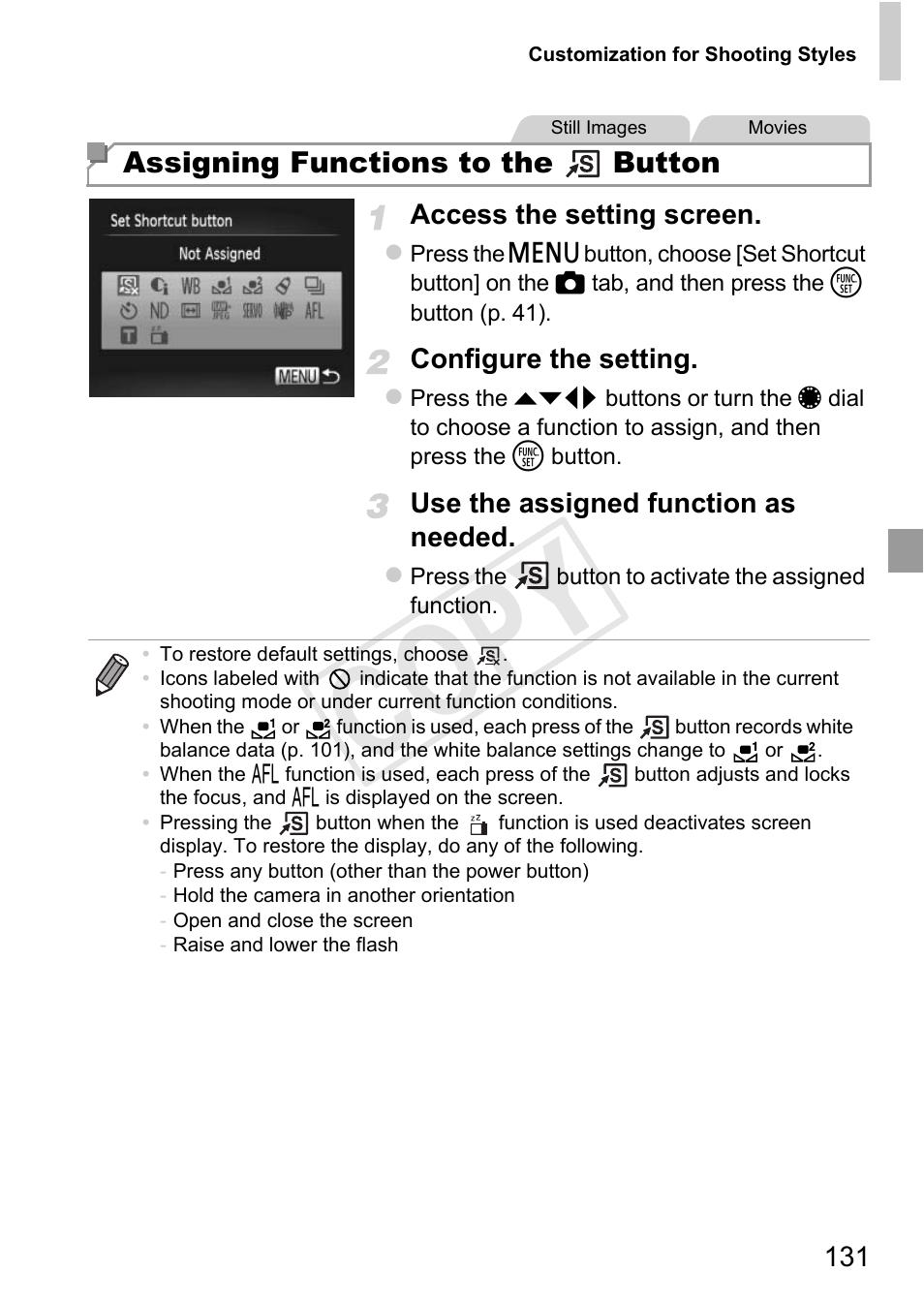 Cop y, Assigning functions to the button | Canon PowerShot G1 X User Manual | Page 131 / 242