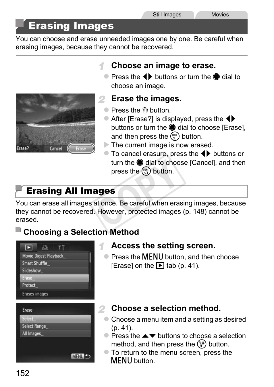 Erasing images, On (p. 152, P. 152 | Es” (p. 152), o, Erasing all images” (p. 152), Pp. 152), Cop y | Canon PowerShot G1 X User Manual | Page 152 / 242