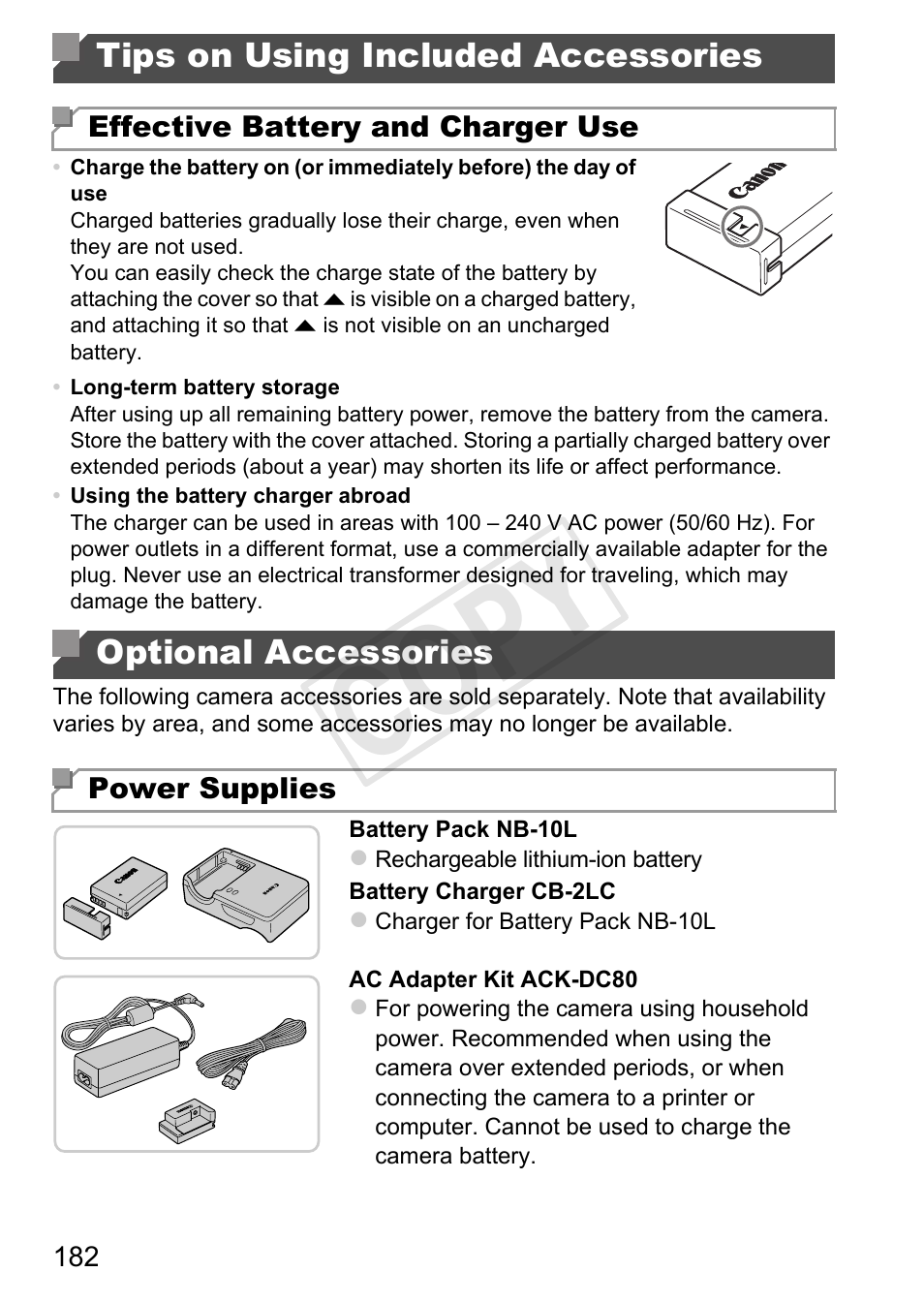 Tips on using included, Accessories, Optional accessories | Cop y | Canon PowerShot G1 X User Manual | Page 182 / 242