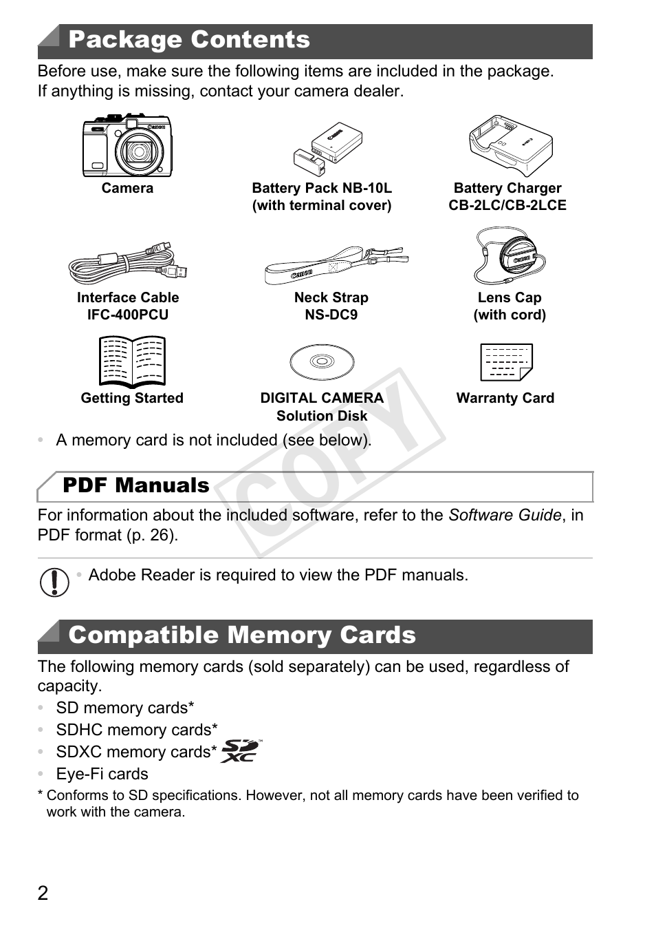Cop y, Package contents | Canon PowerShot G1 X User Manual | Page 2 / 242