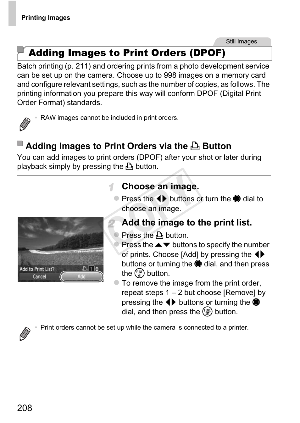 P. 208) to print, R “adding images to print orders (dpof)” (p. 208), Or “adding images to print orders (dpof)” (p. 208) | Adding images to print orders (dpof) (p. 208), Cop y | Canon PowerShot G1 X User Manual | Page 208 / 242