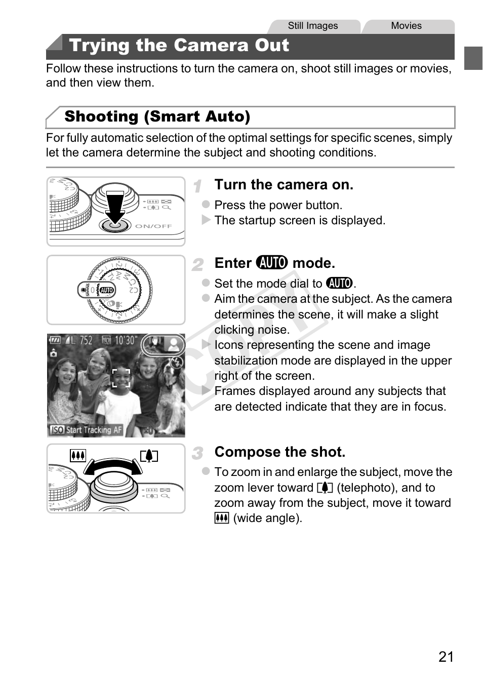 Trying the camera out, Cop y | Canon PowerShot G1 X User Manual | Page 21 / 242