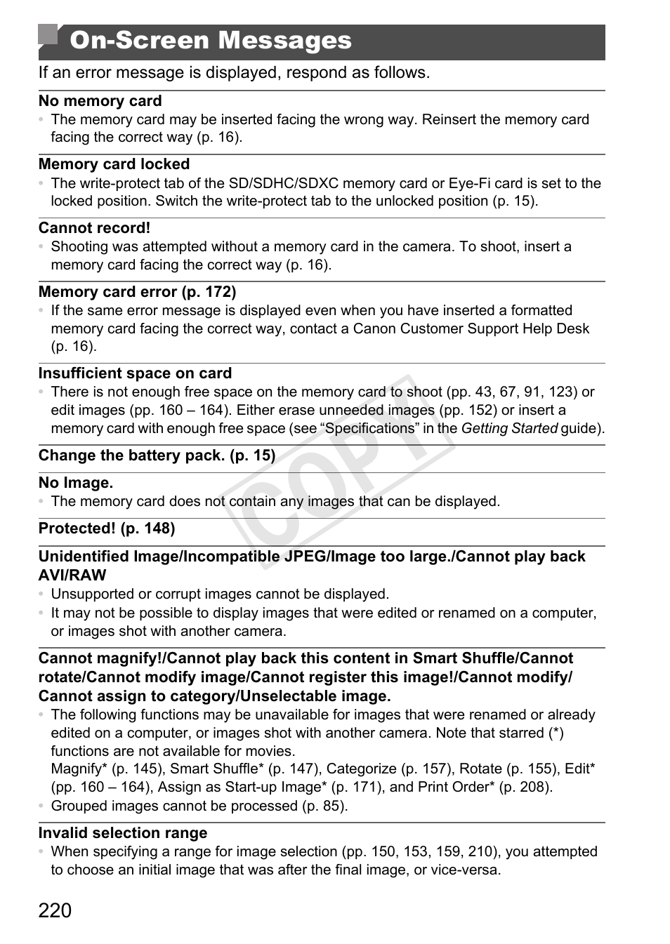 On-screen messages, Cop y | Canon PowerShot G1 X User Manual | Page 220 / 242
