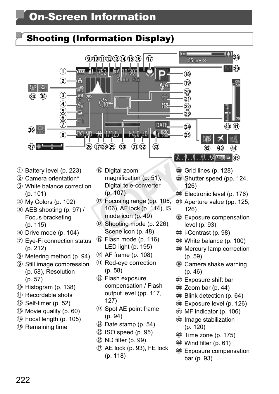On-screen information, E p. 222, Ting information (p. 222) | C op y | Canon PowerShot G1 X User Manual | Page 222 / 242