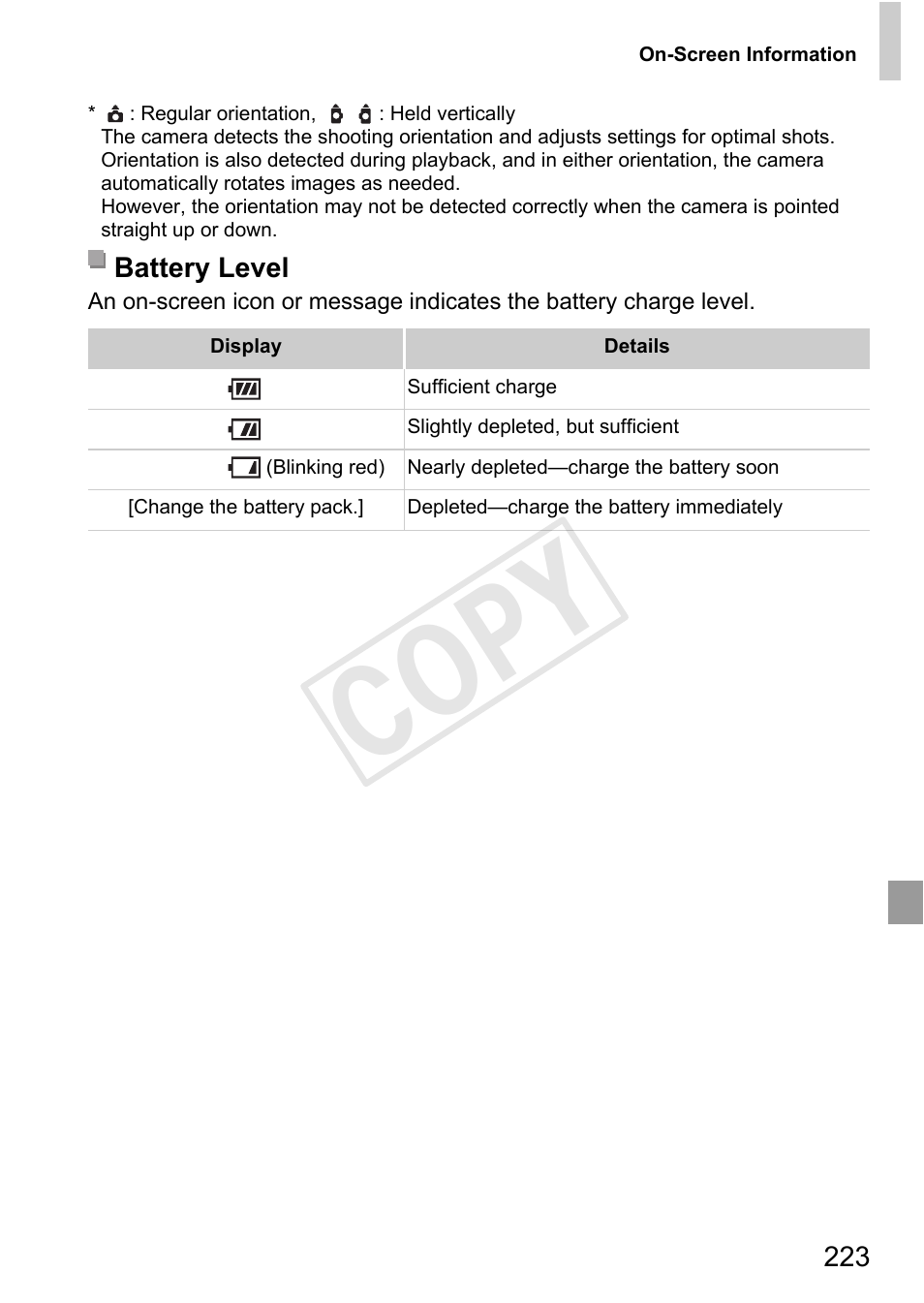P. 223), Battery level (p. 223), Cop y | Canon PowerShot G1 X User Manual | Page 223 / 242