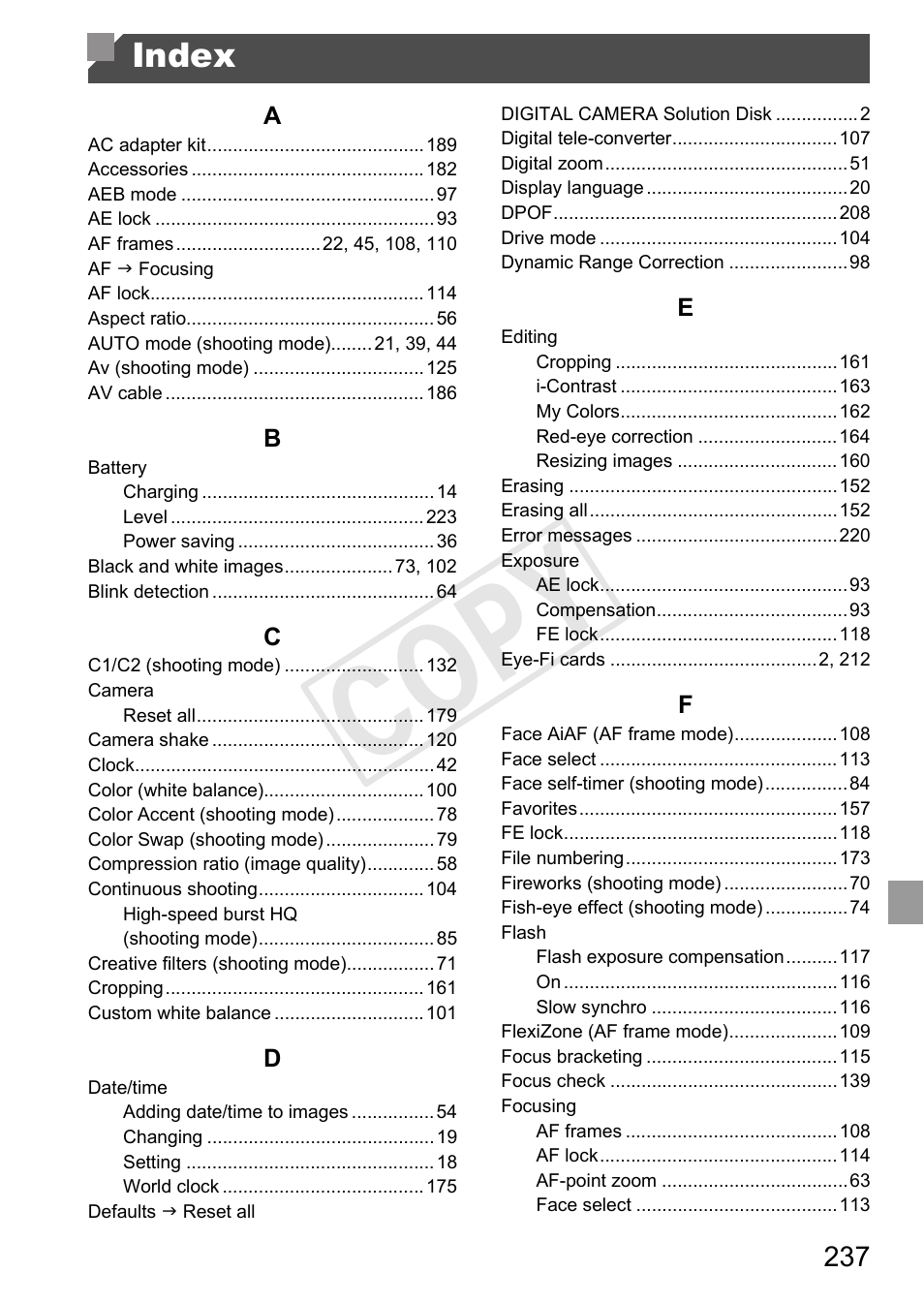 Index, C op y | Canon PowerShot G1 X User Manual | Page 237 / 242