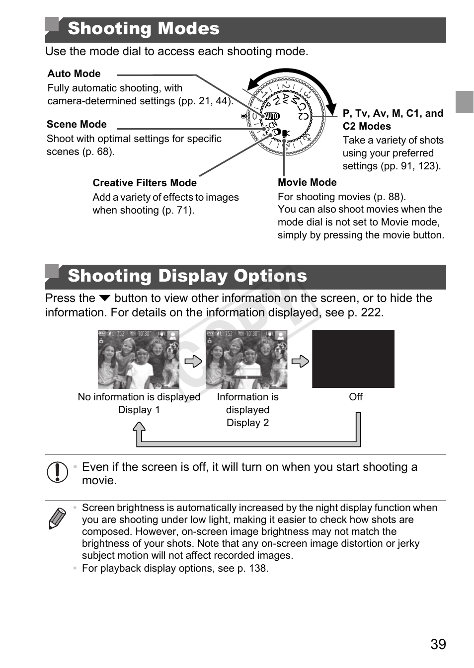 Shooting modes shooting display options, Cop y | Canon PowerShot G1 X User Manual | Page 39 / 242