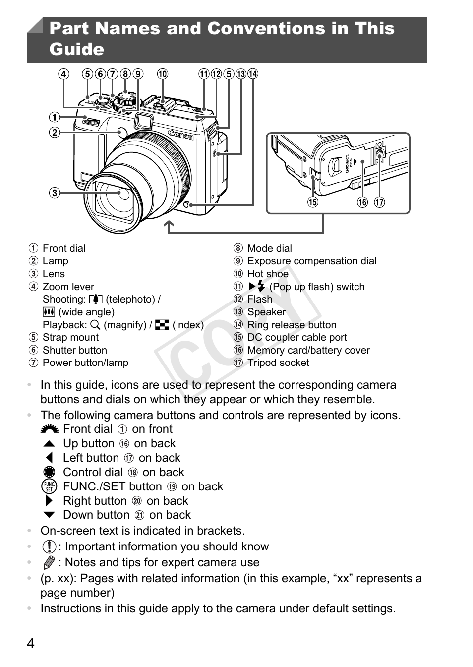 Cop y, Part names and conventions in this guide | Canon PowerShot G1 X User Manual | Page 4 / 242