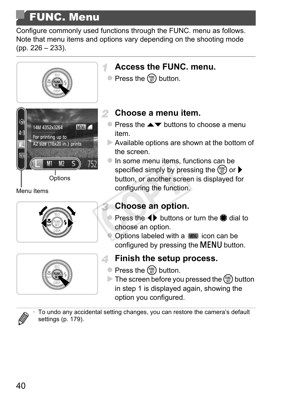 Func. menu, Cop y | Canon PowerShot G1 X User Manual | Page 40 / 242