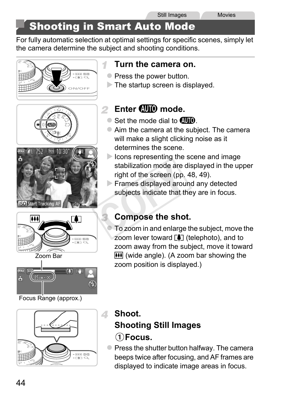 Shooting in smart auto mode, Cop y | Canon PowerShot G1 X User Manual | Page 44 / 242