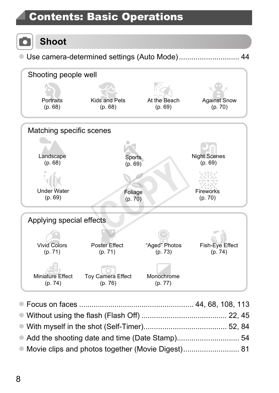 Contents: basic operations, Cop y | Canon PowerShot G1 X User Manual | Page 8 / 242
