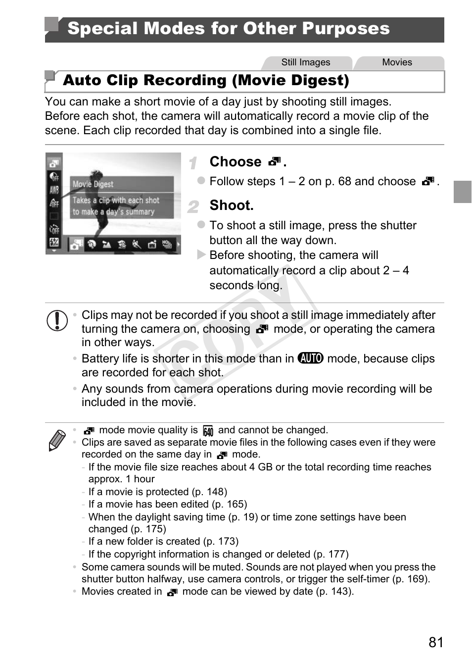 Special modes for other, Purposes, Cop y | Special modes for other purposes | Canon PowerShot G1 X User Manual | Page 81 / 242