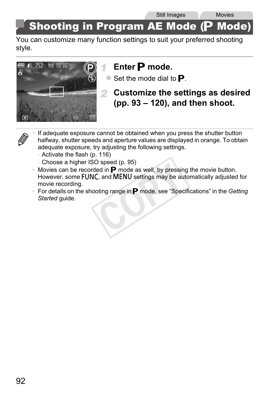 Shooting in program ae mode, G mode), Cop y | Shooting in program ae mode ( g mode) | Canon PowerShot G1 X User Manual | Page 92 / 242