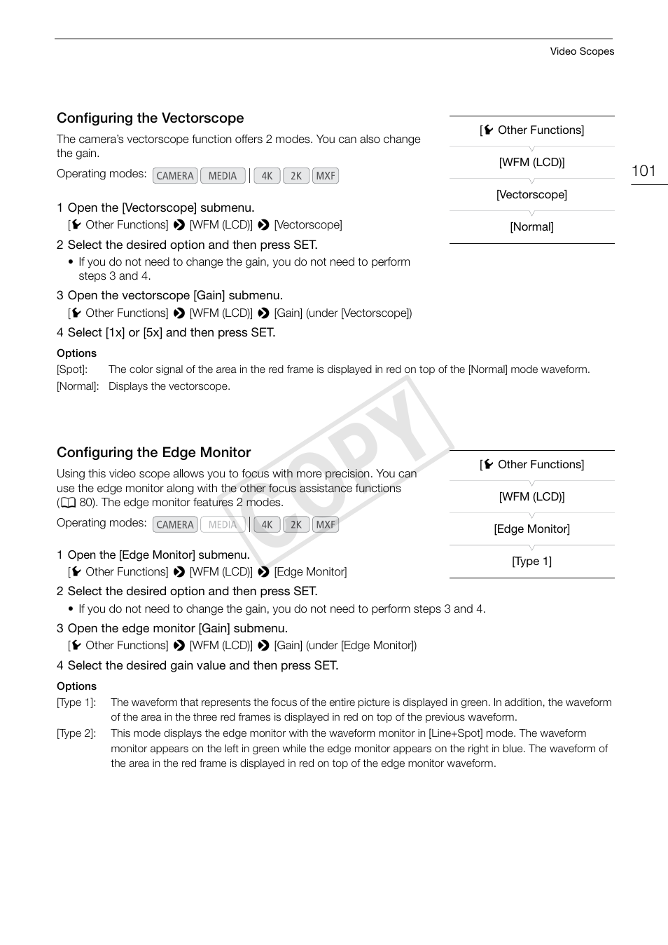 Configuring the vectorscope, Configuring the edge monitor, 101), or t | Configuring the vectorscope 101, Configuring the edge monitor 101, Cop y | Canon EOS C500 User Manual | Page 101 / 210