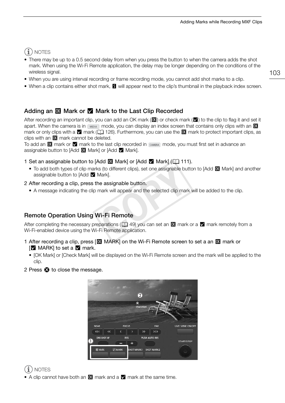 Remote operation using wi-fi remote, Adding an $ mark or % mark to the last clip, Recorded 103 | Remote operation using wi-fi remote 103, C op y | Canon EOS C500 User Manual | Page 103 / 210