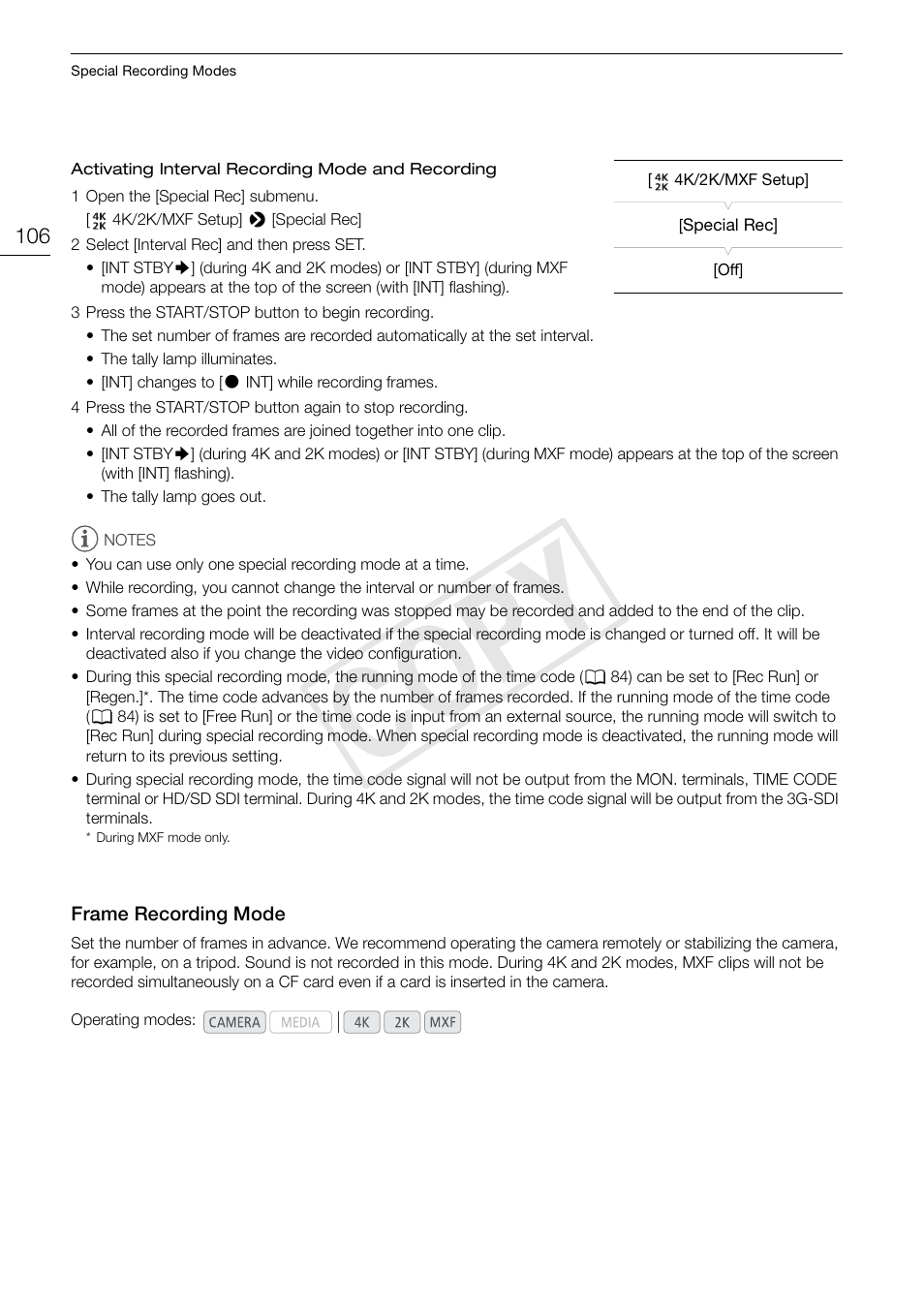 Frame recording mode, Frame recording mode 106, Cop y | Canon EOS C500 User Manual | Page 106 / 210