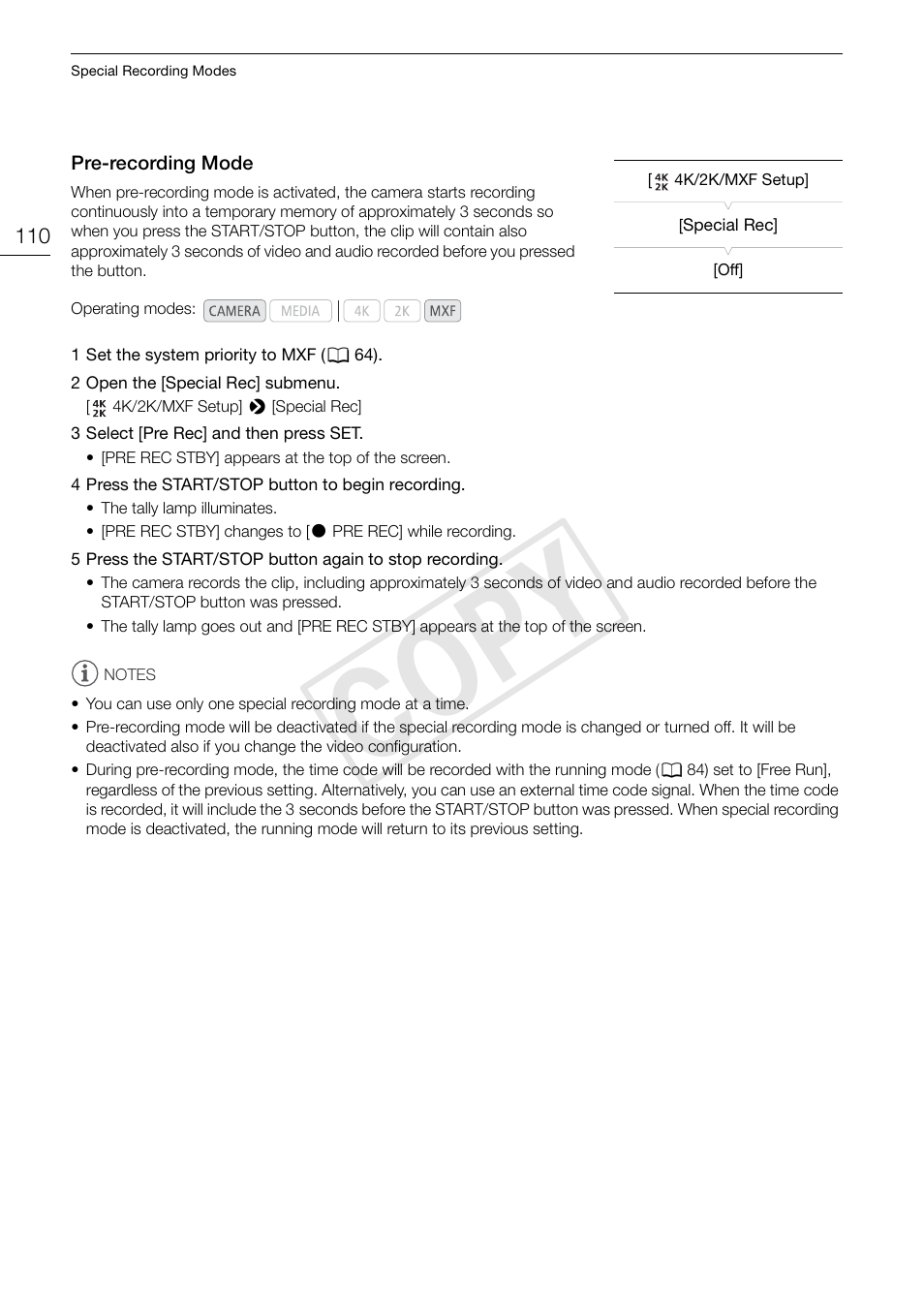 Pre-recording mode, Pre-recording mode 110, Cop y | Canon EOS C500 User Manual | Page 110 / 210