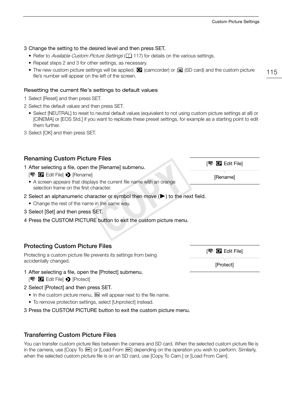 Renaming custom picture files, Protecting custom picture files, Transferring custom picture files | Cop y | Canon EOS C500 User Manual | Page 115 / 210