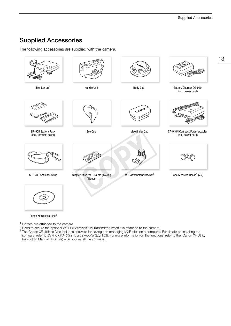 Supplied accessories, Supplied accessories 13, Cop y | Canon EOS C500 User Manual | Page 13 / 210