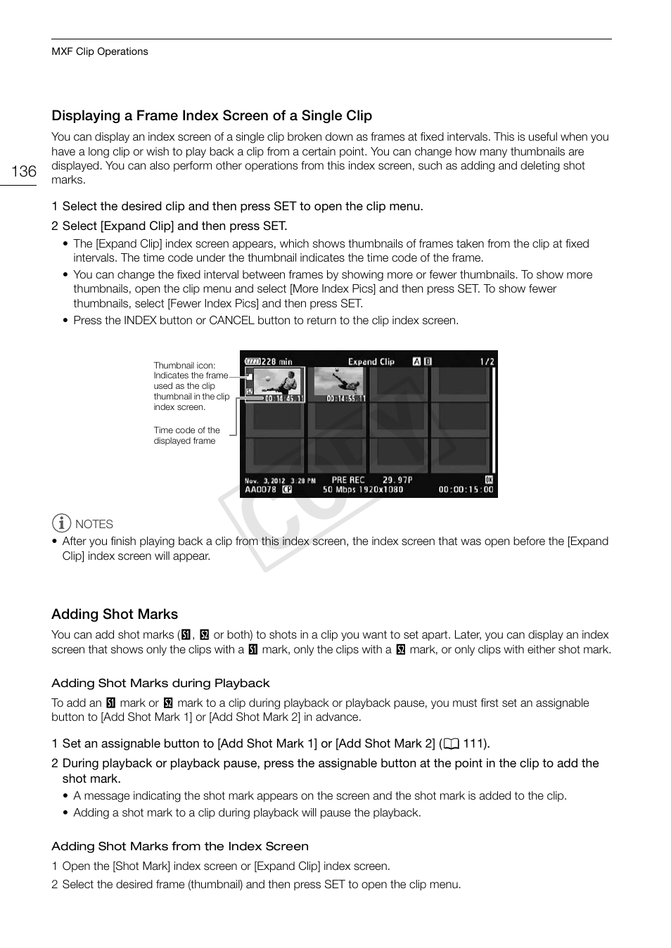 Displaying a frame index screen of a single clip, Adding shot marks, Displaying a frame index screen of a single | Clip 136, Adding shot marks 136, Cop y | Canon EOS C500 User Manual | Page 136 / 210