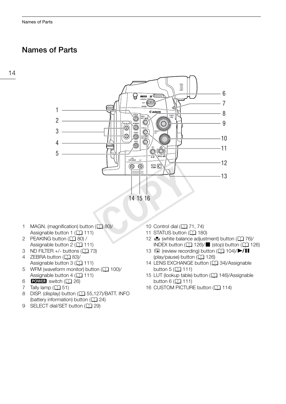 Names of parts, Names of parts 14, Cop y | Canon EOS C500 User Manual | Page 14 / 210