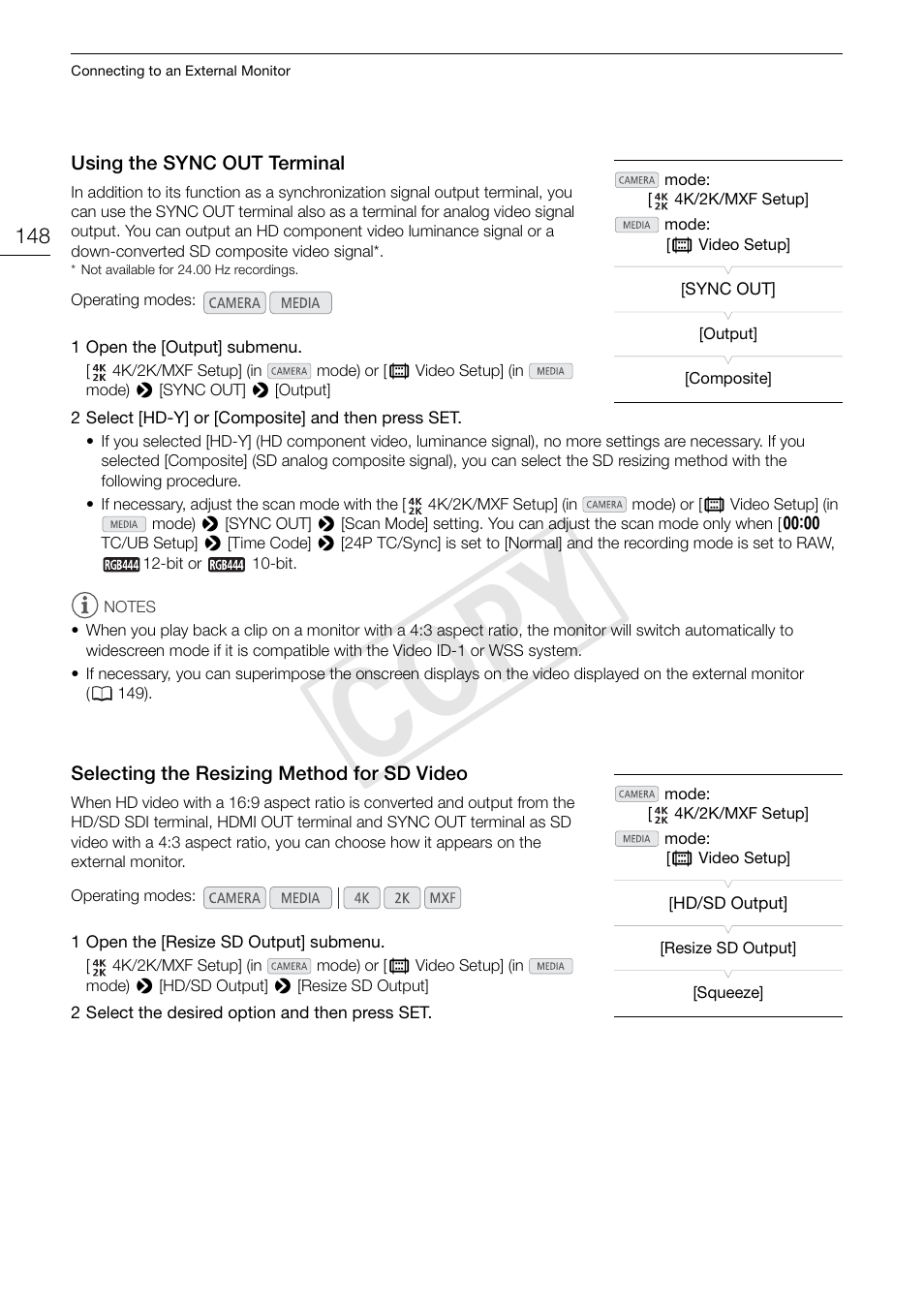 Using the sync out terminal, Selecting the resizing method for sd video, Cop y | Canon EOS C500 User Manual | Page 148 / 210