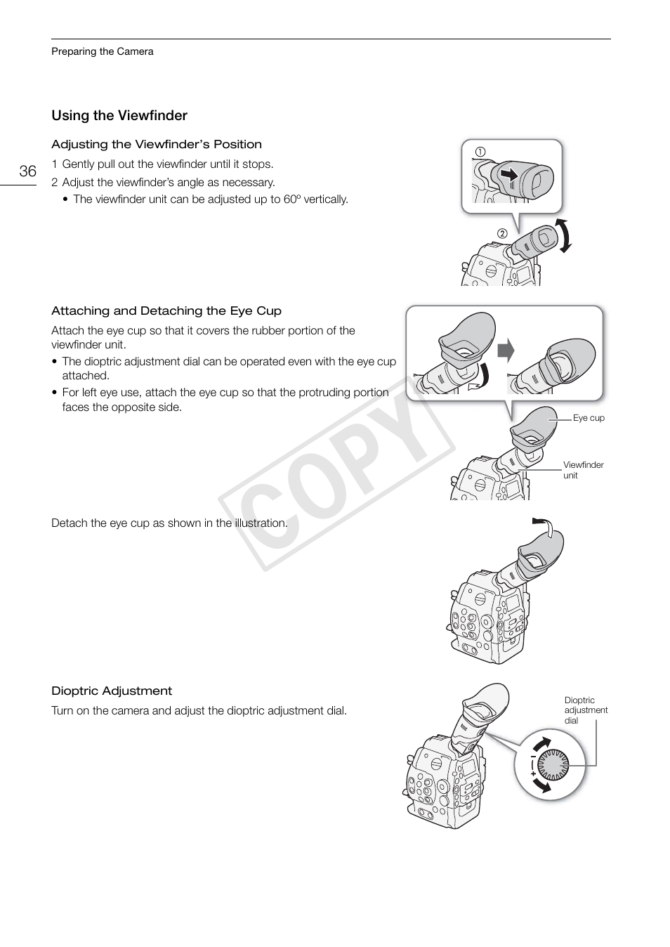 Using the viewfinder, Using the viewfinder 36, Cop y | Canon EOS C500 User Manual | Page 36 / 210