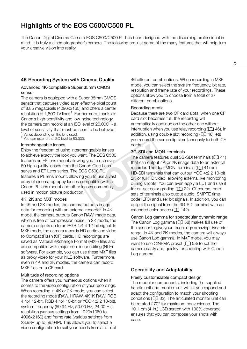 Highlights of the eos c500/c500 pl, Cop y | Canon EOS C500 User Manual | Page 5 / 210