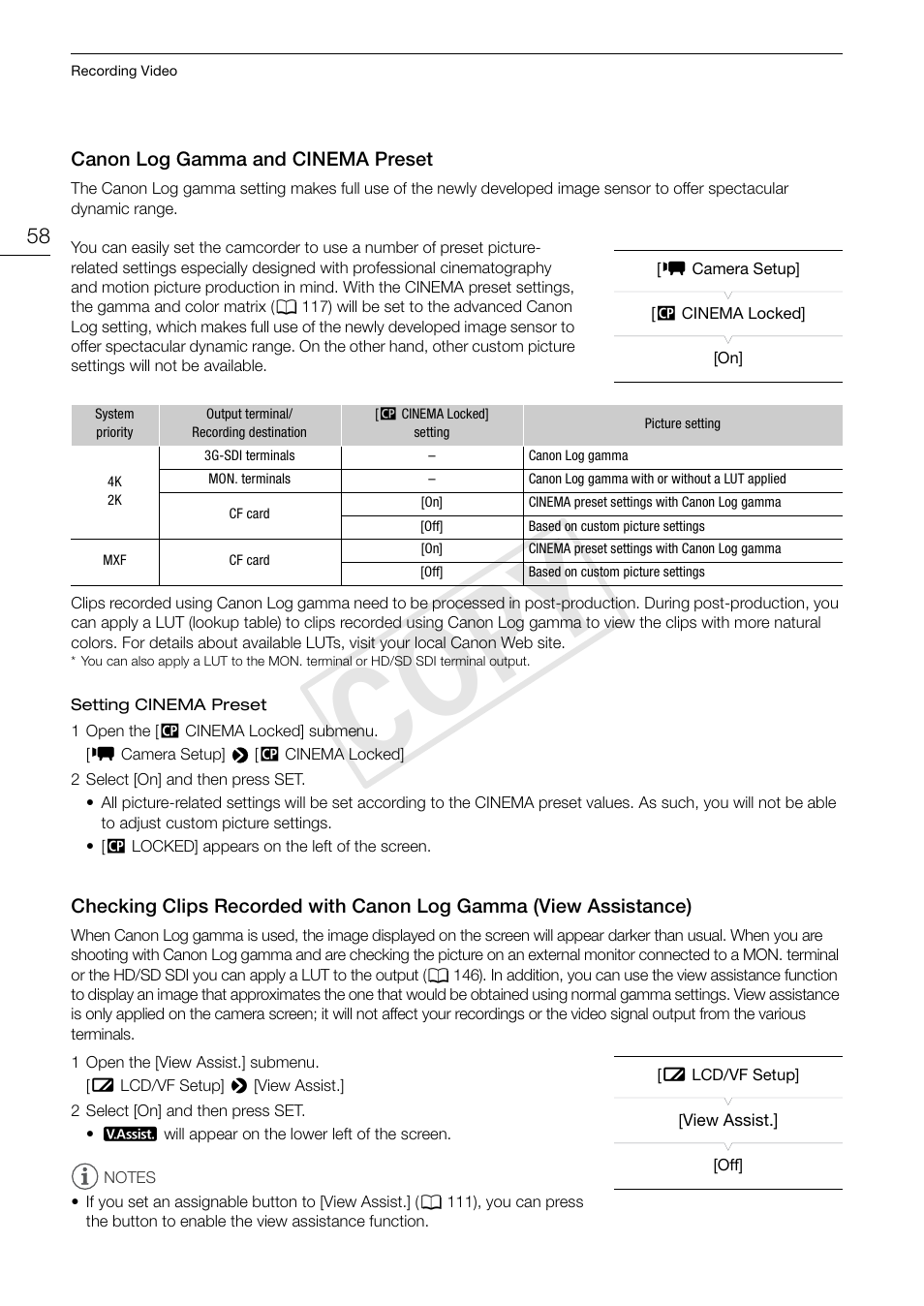 Canon log gamma and cinema preset, 58) m, 58) to | View assistance) 58, Cop y | Canon EOS C500 User Manual | Page 58 / 210