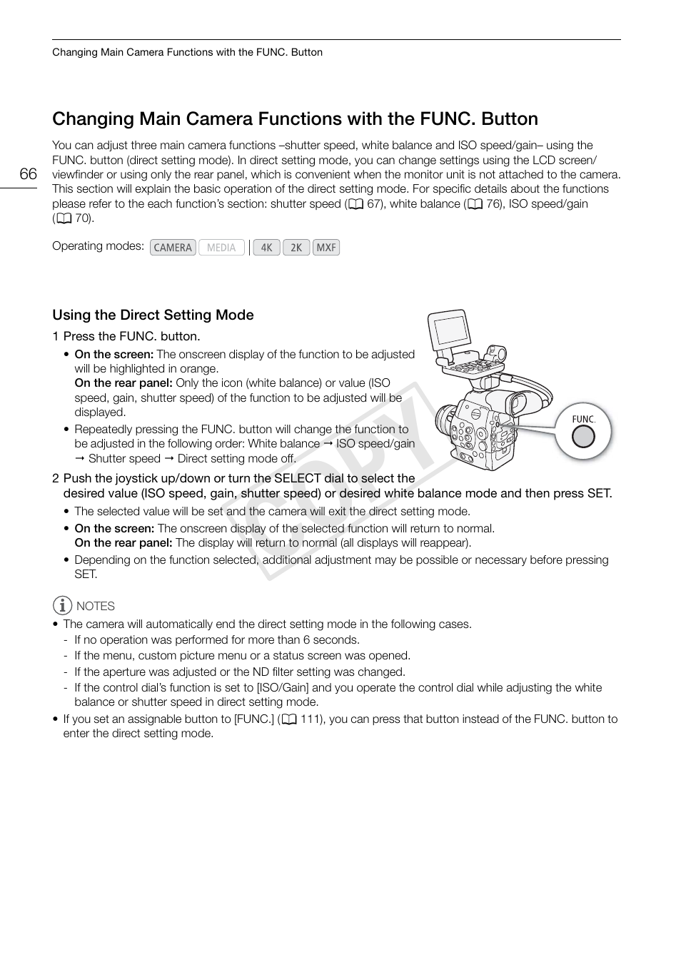 Using the direct setting mode, Changing main camera functions with the func, Button 66 | Using the direct setting mode 66, Cop y | Canon EOS C500 User Manual | Page 66 / 210