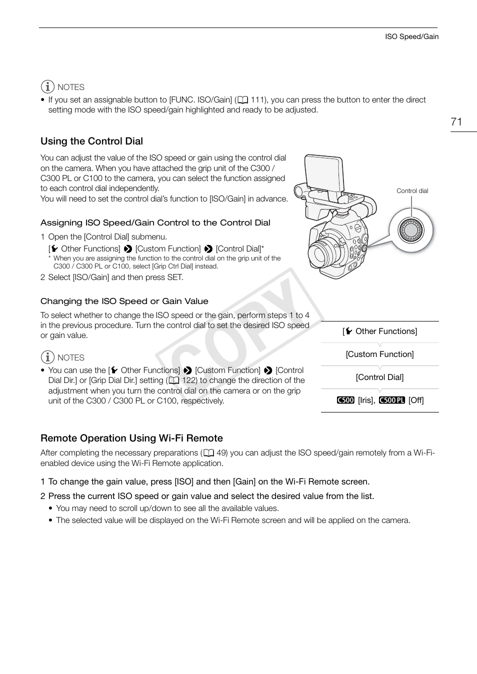 Using the control dial, Remote operation using wi-fi remote, C op y | Canon EOS C500 User Manual | Page 71 / 210