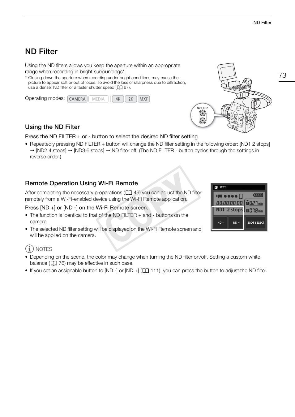 Nd filter, Using the nd filter, Remote operation using wi-fi remote | Nd filter 73, Cop y | Canon EOS C500 User Manual | Page 73 / 210