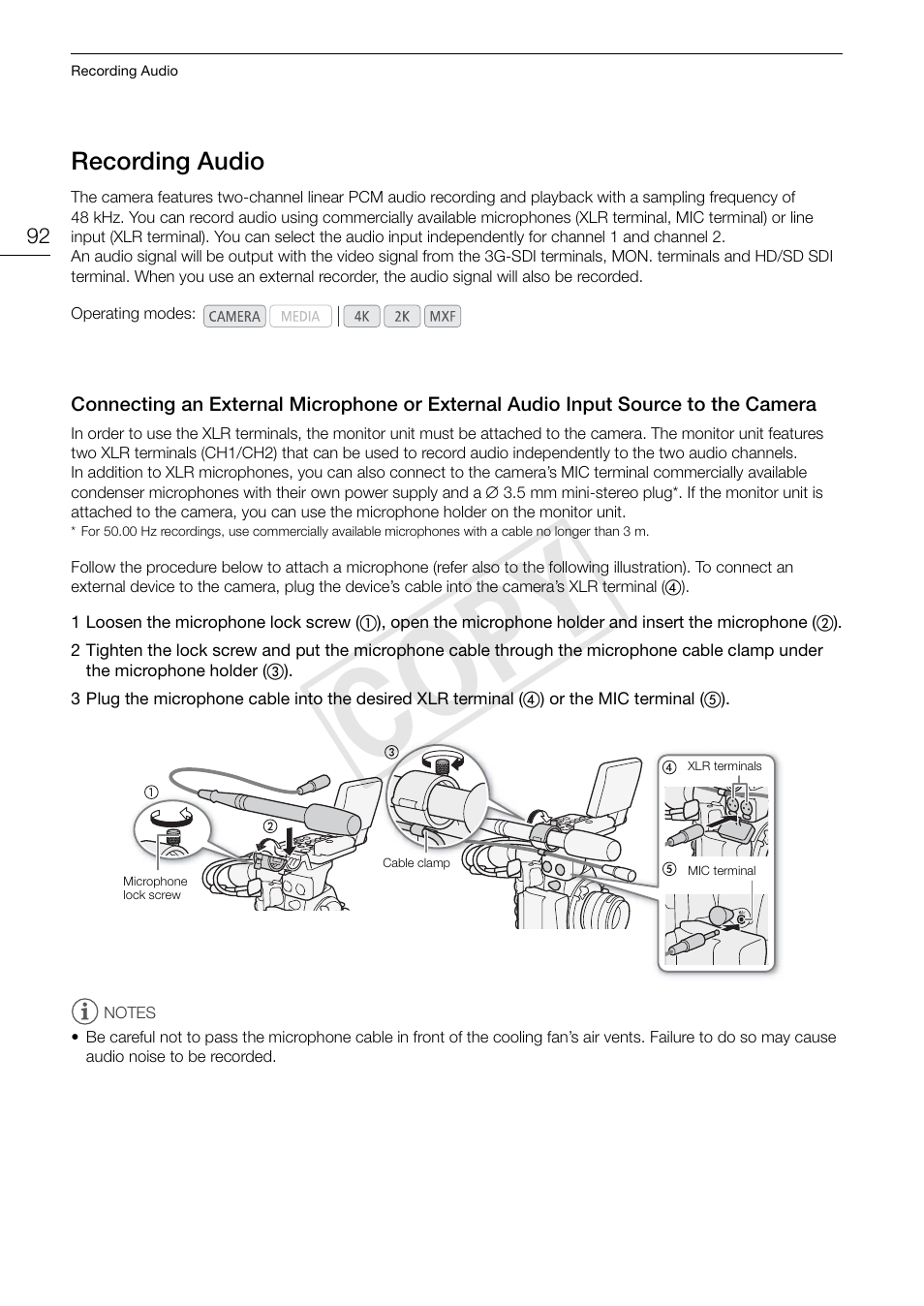 Recording audio, Recording audio 92, Connecting an external microphone or external | Audio input source to the camera 92, Cop y | Canon EOS C500 User Manual | Page 92 / 210