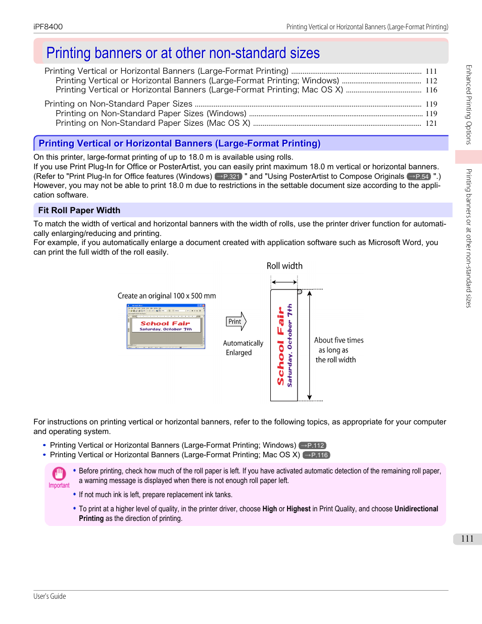 Printing banners or at other non-standard sizes, P.111 | Canon imagePROGRAF iPF8400 User Manual | Page 111 / 1046