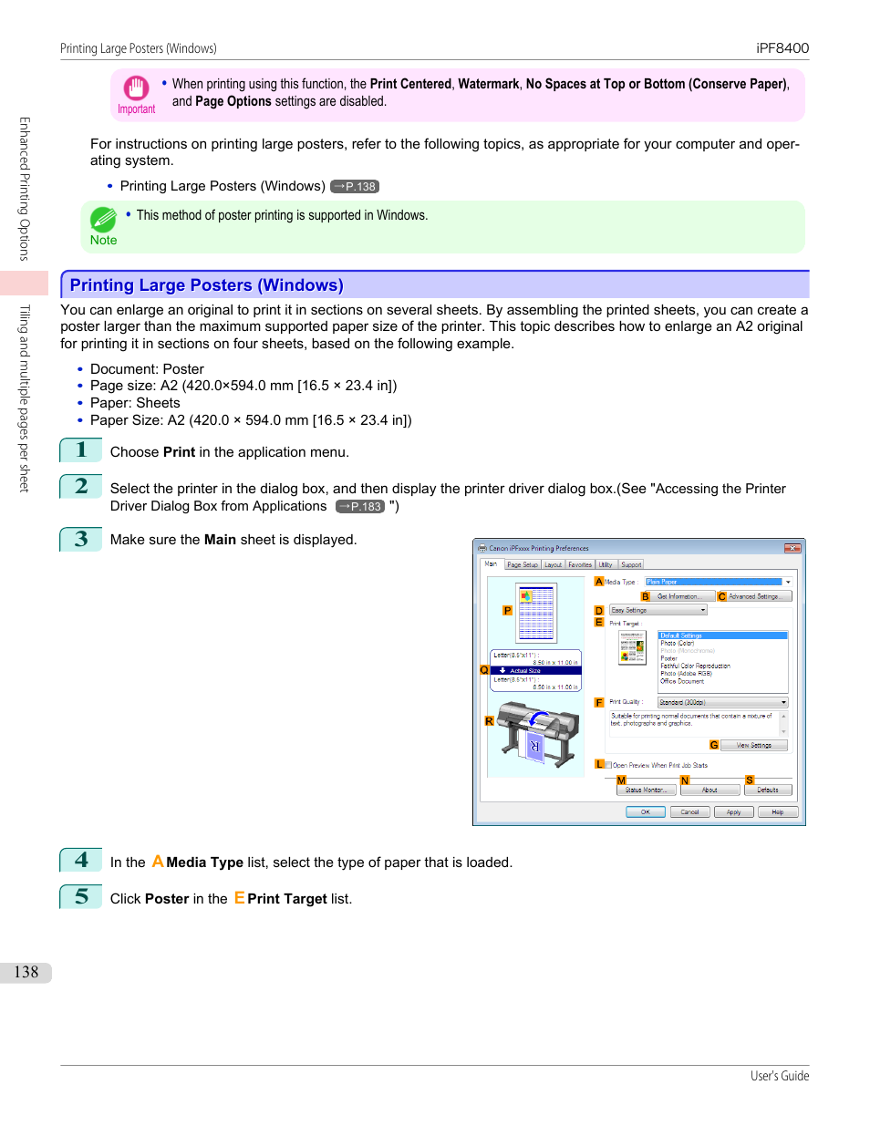 Printing large posters (windows) | Canon imagePROGRAF iPF8400 User Manual | Page 138 / 1046