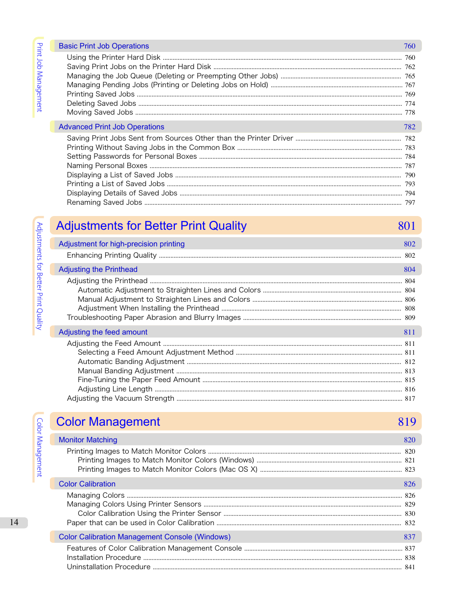 Adjustments for better print quality 801, Color management 819 | Canon imagePROGRAF iPF8400 User Manual | Page 14 / 1046