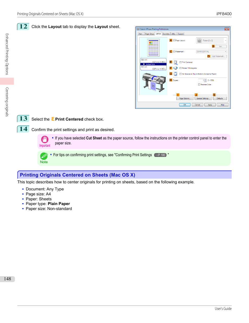 Printing originals centered on sheets (mac os x), P.148 | Canon imagePROGRAF iPF8400 User Manual | Page 148 / 1046