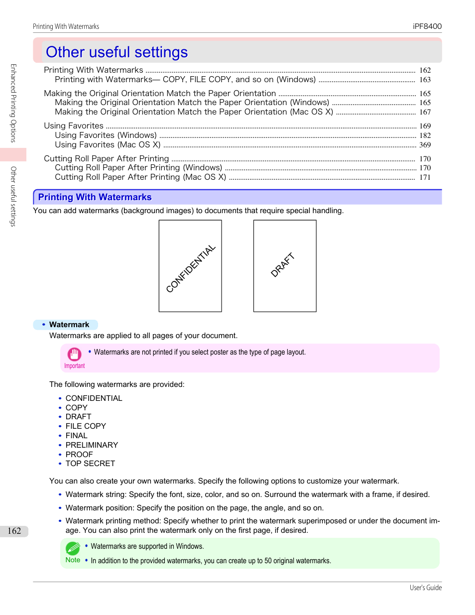 Other useful settings, Printing with watermarks | Canon imagePROGRAF iPF8400 User Manual | Page 162 / 1046