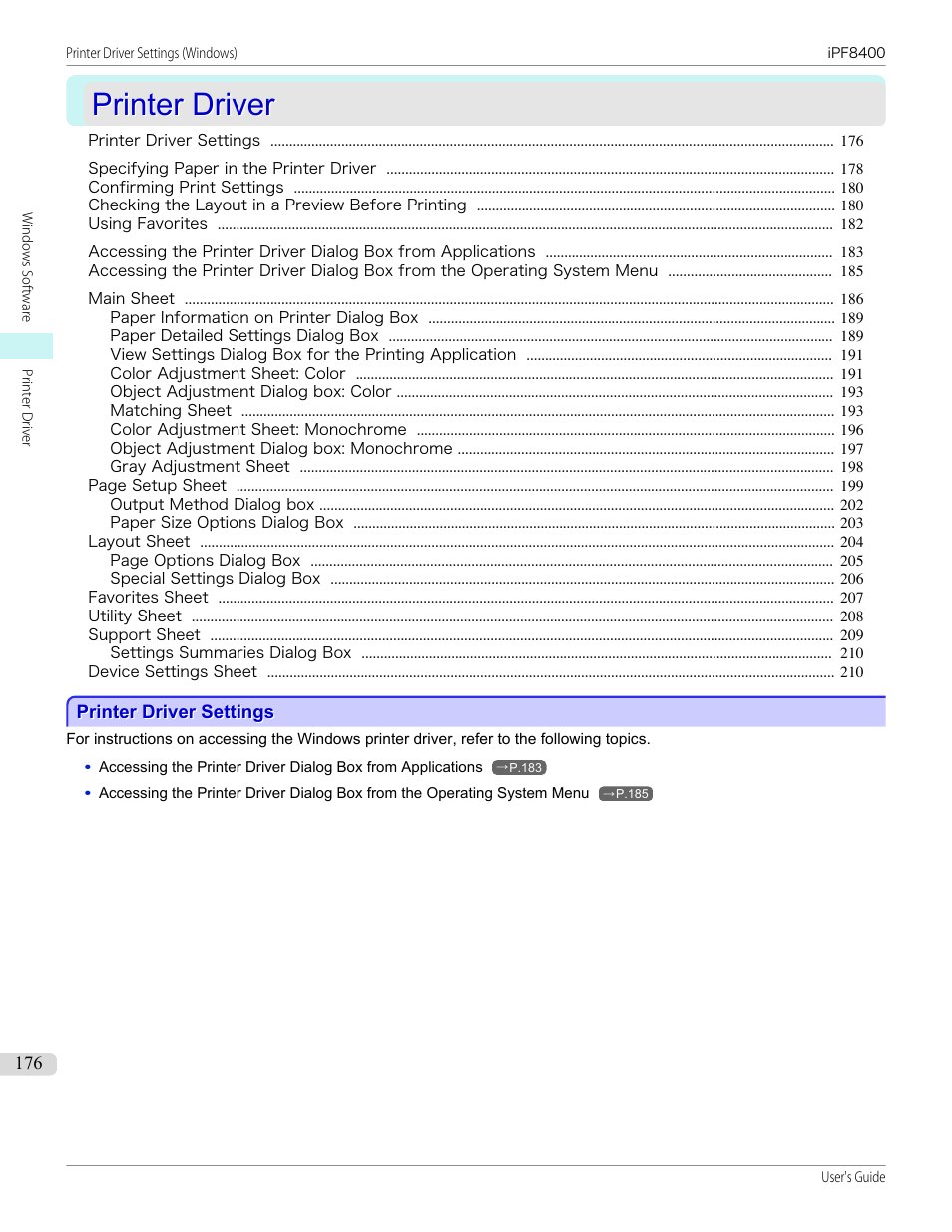 Printer driver, Printer driver settings, P.176 | Canon imagePROGRAF iPF8400 User Manual | Page 176 / 1046