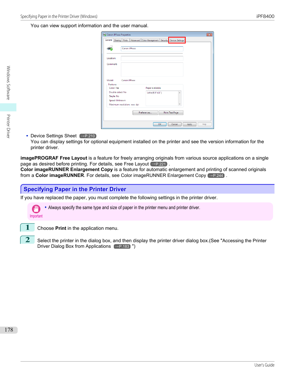 Specifying paper in the printer driver, Specifying paper in the printer driver (windows), P.178 | Specifying paper in the printer, Driver (windows) | Canon imagePROGRAF iPF8400 User Manual | Page 178 / 1046