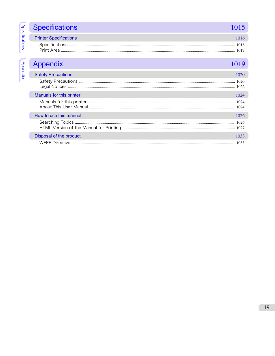 Specifications 1015, Appendix 1019 | Canon imagePROGRAF iPF8400 User Manual | Page 19 / 1046