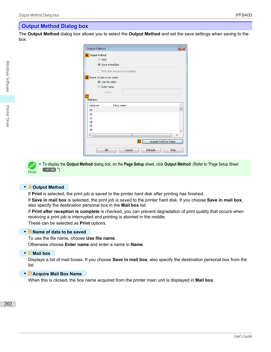 Output method dialog box, P.202 | Canon imagePROGRAF iPF8400 User Manual | Page 202 / 1046
