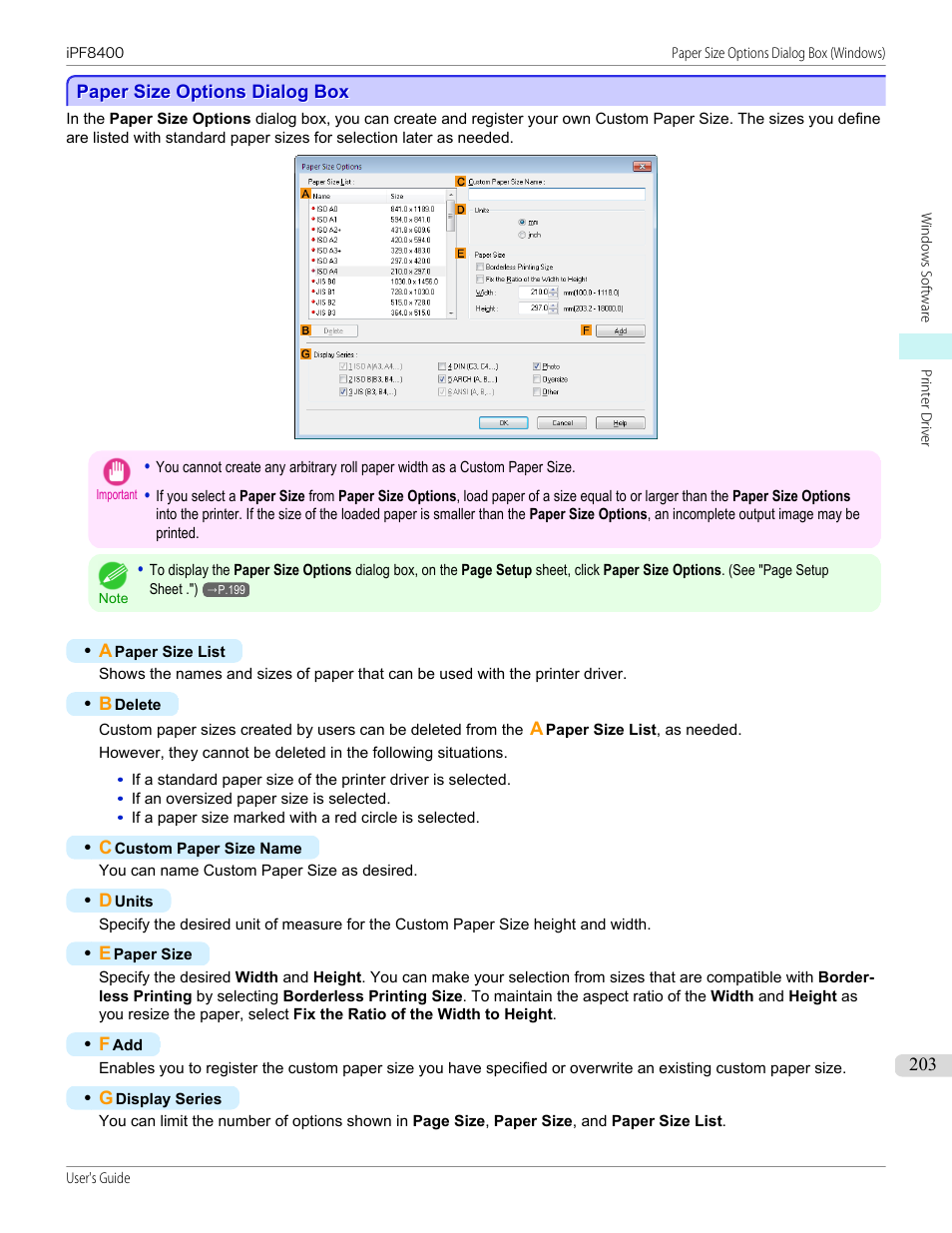 Paper size options dialog box, P.203 | Canon imagePROGRAF iPF8400 User Manual | Page 203 / 1046