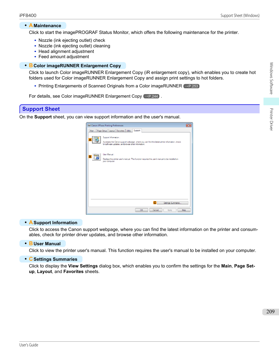 Support sheet, P.209 | Canon imagePROGRAF iPF8400 User Manual | Page 209 / 1046