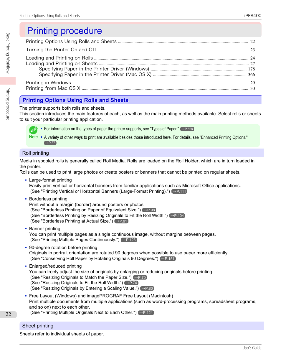 Printing procedure, Printing options using rolls and sheets | Canon imagePROGRAF iPF8400 User Manual | Page 22 / 1046