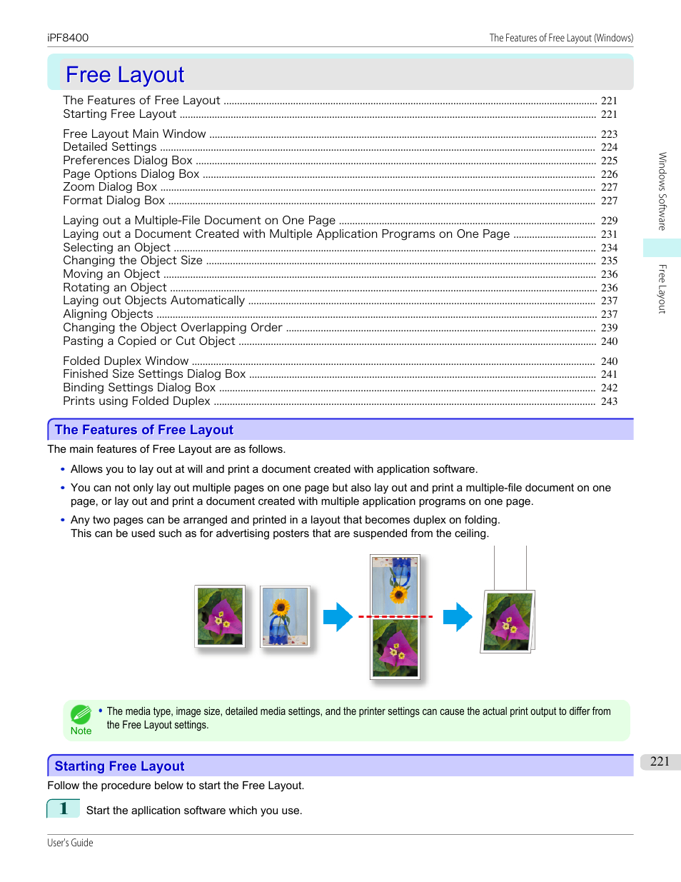Free layout, The features of free layout, Starting free layout | P.221 | Canon imagePROGRAF iPF8400 User Manual | Page 221 / 1046