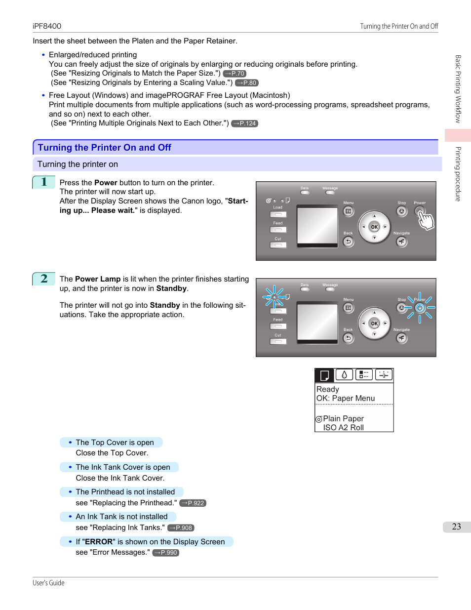 Turning the printer on and off | Canon imagePROGRAF iPF8400 User Manual | Page 23 / 1046